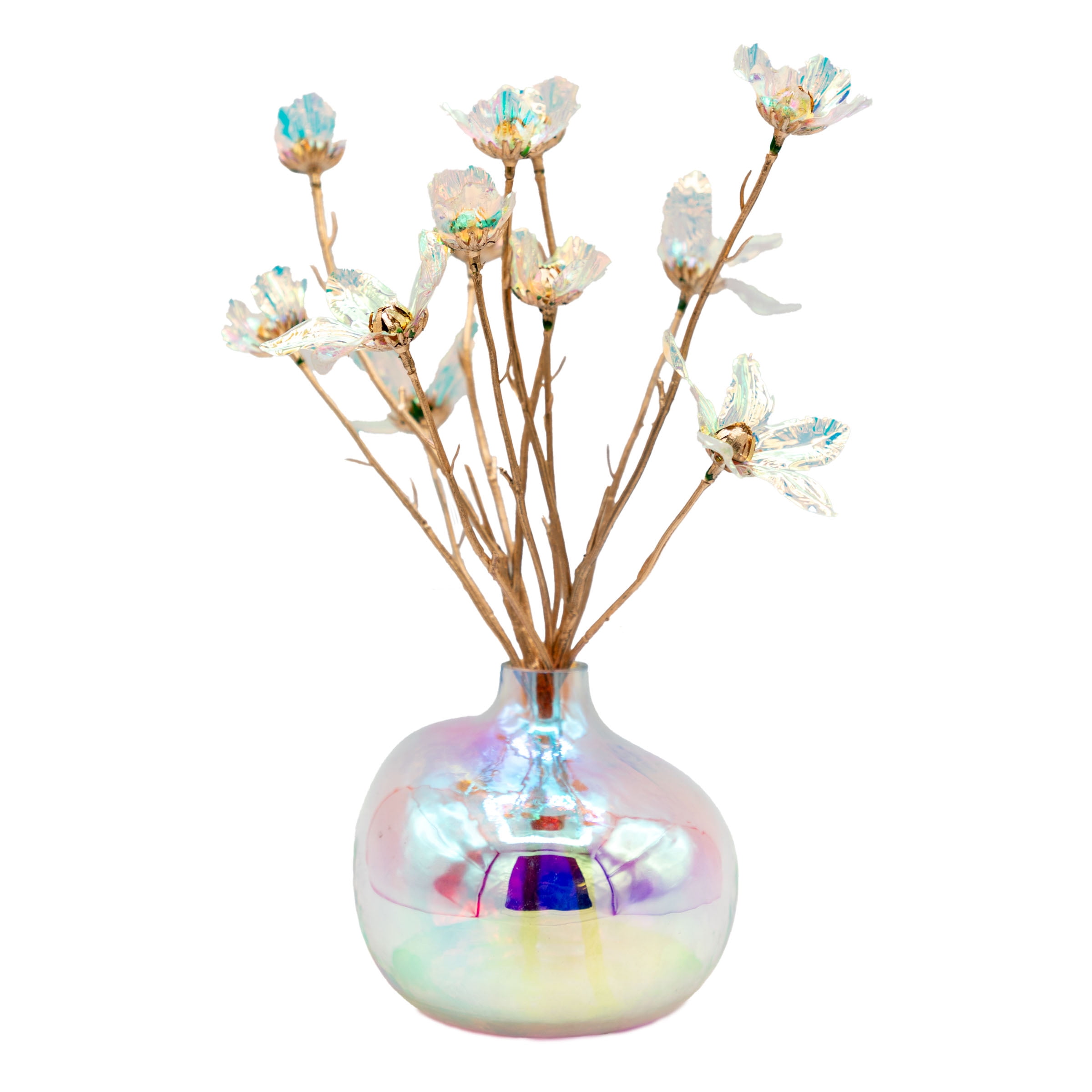 13" Artificial Iridescent Flowers in Iridescent Glass Vase: Floral Magic Unleashed