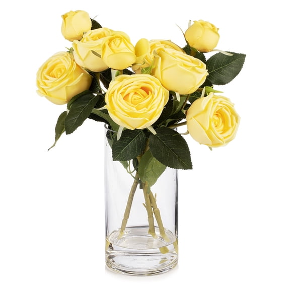 13" Artificial Silk Rose Flowers in Glass Vase with Faux Water