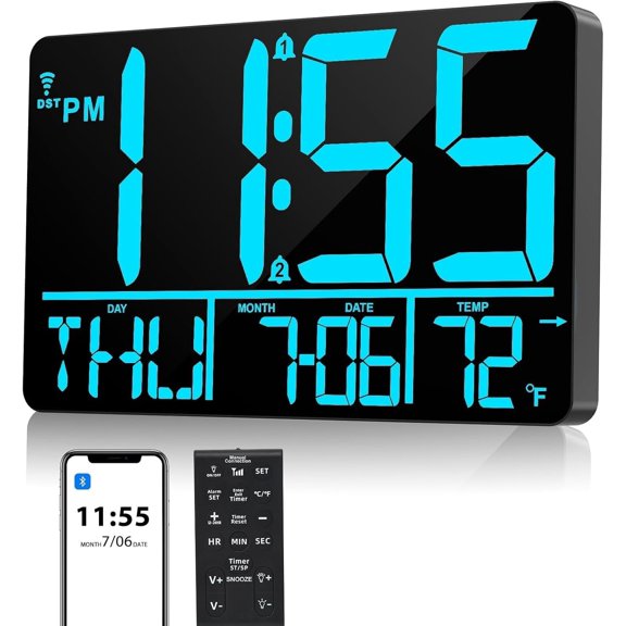 13" Auto Sync Wall Clock - Large Digital Clock with Remote, 25 Ringtones, Dual , Adjustable Brightness, 12/24H, Auto DST, for Living Room, Kitchen, Office, (Blue)