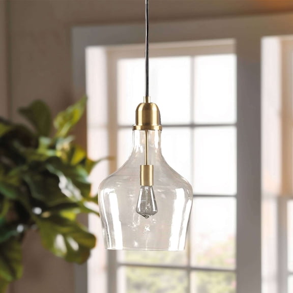 13" Bell Shaped Glass Pendant Light - Gold & Clear Fixture with 94" Adjustable Cord, Dimmable