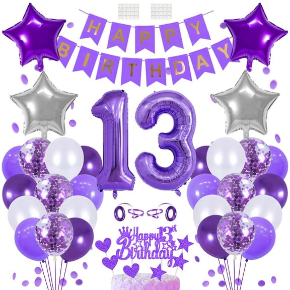 13 Birthday Decoration Happy Birthday Banner KKS1Balloons Garland Purple Number 13 Helium Balloon Birthday Decorations for 13 Year Old Boy Girl Birthday Party Supplies Photo Backdrop, mix