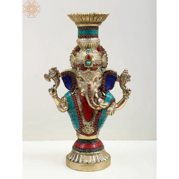 13 Brass Blessing Ganesha Candle Holder With Inlay Work | Handmade Indian Decorative Sculpture for Home Decor