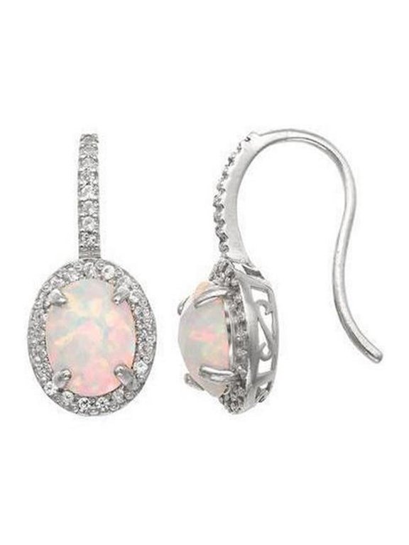 13 CT Prong Set Opal & Diamonds Dangle Earrings, 14K White Gold