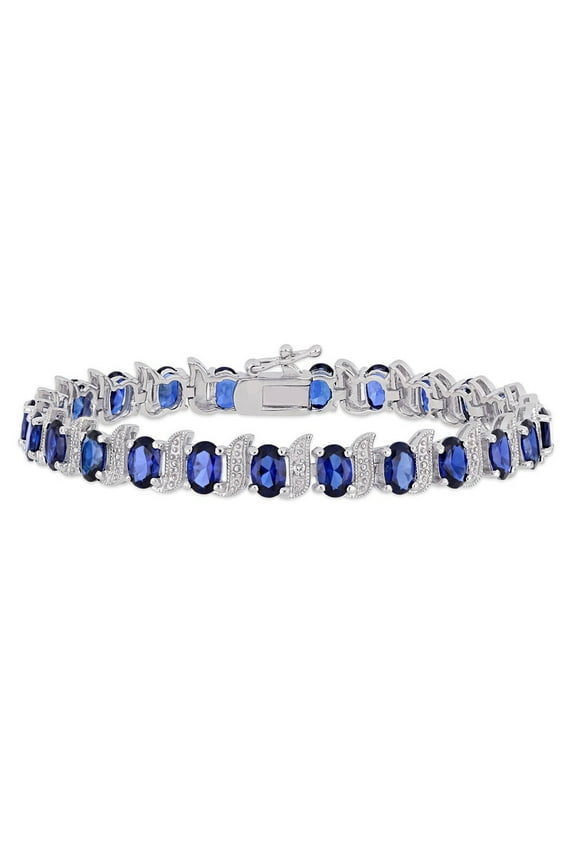 13 Carat (Ctw) Lab-Created Blue Sapphire Bracelet in Sterling Silver with Accent Diamonds (7 inches) for Women