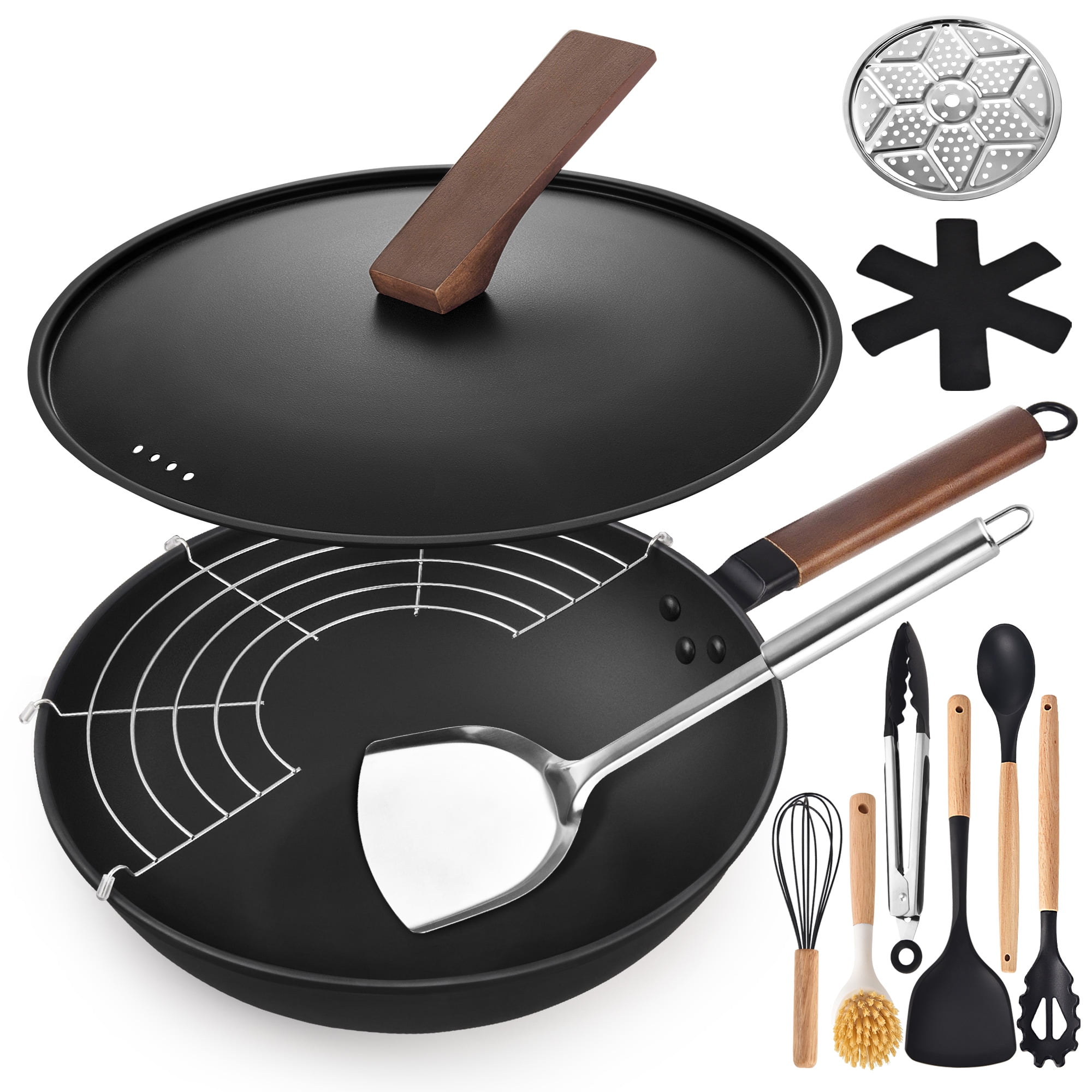 AOSION 13'' Black Carbon Steel Wok Set with Wooden Handle