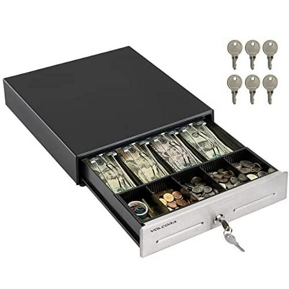 13" Cash Register Drawer for Point of Sale (POS) System with 4 Bill 5 Coin Cash Tray, Black and Stainless Steel Front Cash Drawers, Removable Coin Compartment, 24V, RJ11/RJ12 Key-Lock, Media Slot