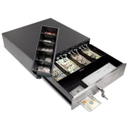 Volcora 13" Cash Register Drawer for POS with 4 Bill 5 Coin Cash Tray, Black and Stainless Steel Front Cash Drawers, Removable Coin Compartment, 24V, RJ11/RJ12 Key-Lock, Media Slot