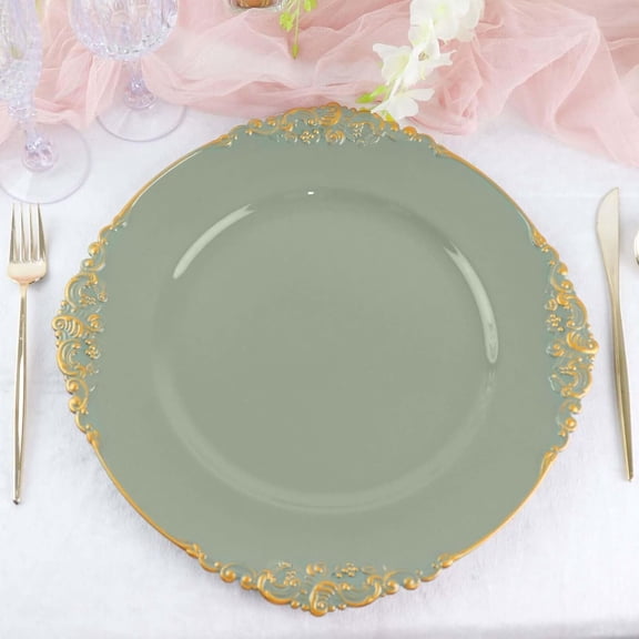 13" Charger Plates -Set of 12 - Acrylic Dusty Sage Green Round Baroque Disposable Chargers Leaf Embossed Rim, Ideal for Dinner Party Wedding Bulk Events