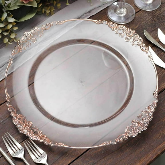 13" Charger Plates -Set of 24 - Acrylic Clear Rose Gold Round Baroque Disposable Chargers Leaf Embossed Rim, Ideal for Dinner Party Wedding Bulk Events