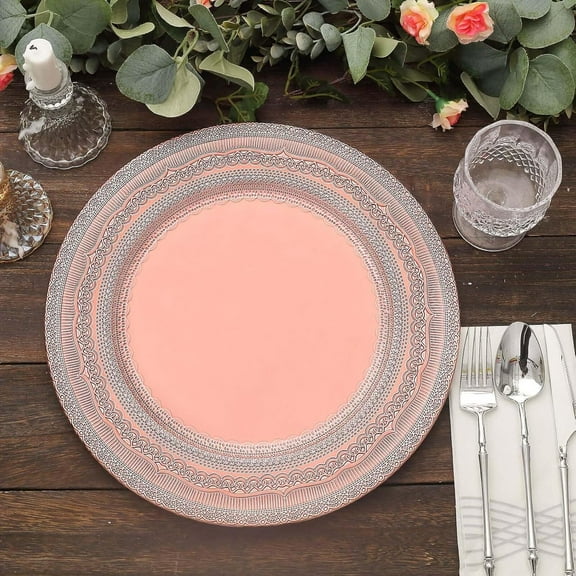 13" Charger Plates - Set of 24 - Rose Gold with Lace Embossed Rim Plastic Chargers, Rustic Modern Disposable Round Acrylic Serving Trays For Dinner Wedding Party Events