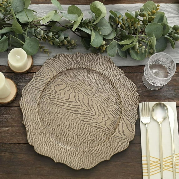 13" Charger Plates - Set of 24 - Rustic Natural Embossed Wood Grain Round Acrylic Charger Plates with Scalloped Rim, Ideal for Dinner Party Wedding Holiday Bulk Events