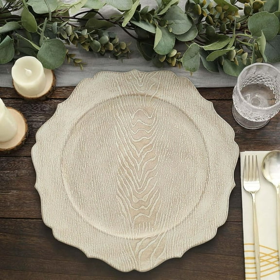 13" Charger Plates - Set of 24 - Rustic White Embossed Wood Grain Round Acrylic Charger Plates with Scalloped Rim, Ideal for Dinner Party Wedding Holiday Bulk Events