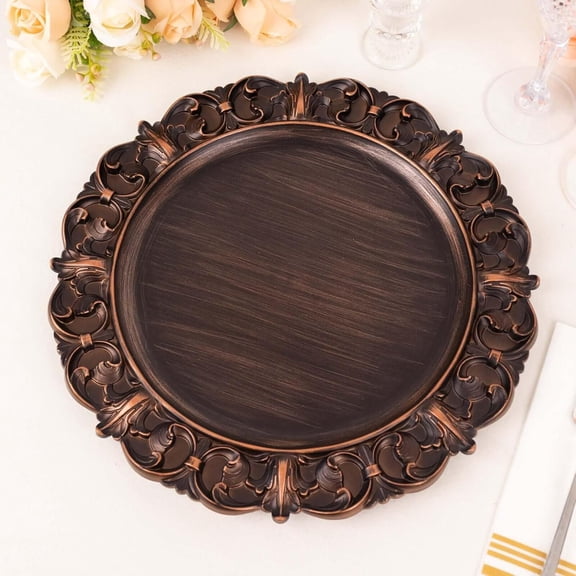 13" Charger Plates - Set of 12 - Brown Disposable Chargers With Engraved Baroque Rim Round Acrylic Serving Plate For Wedding Party Events