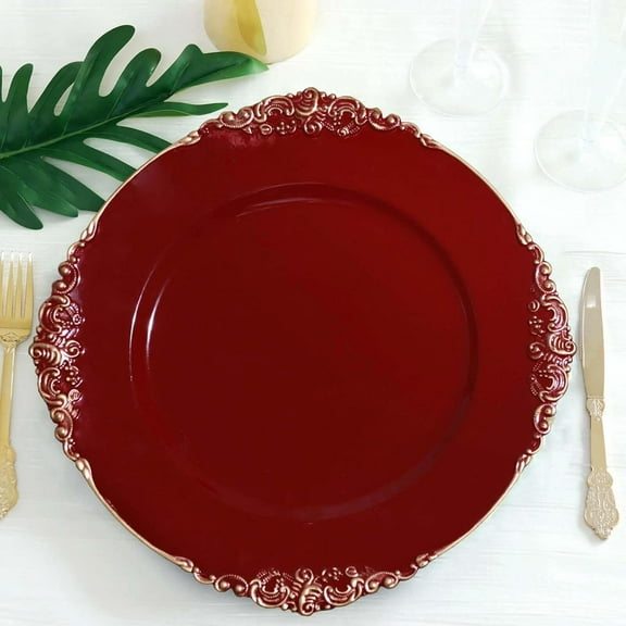 13" Charger Plates -Set of 24 - Acrylic Burgundy Round Baroque Disposable Chargers Leaf Embossed Rim, Ideal for Dinner Party Wedding Bulk Events