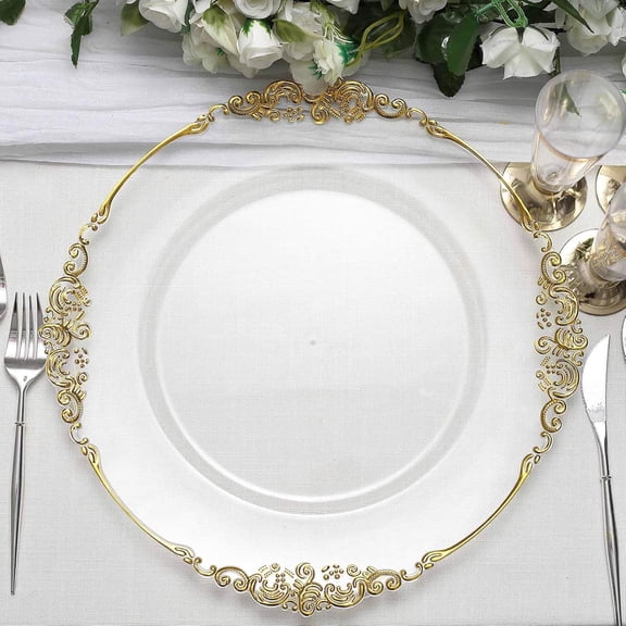 13" Charger Plates -Set of 24 - Acrylic Clear Gold Round Baroque Disposable Chargers Leaf Embossed Rim, Ideal for Dinner Party Wedding Bulk Events