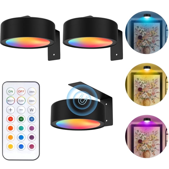 3 Pack Picture Lights for Wall, 2000mAh Rechargeable Magnetic Painting Light with 13 RGB Color, Wireless Poster Lights with Remote, Art Display Light Puck Lights for Frame, Gallery, Wall Decor