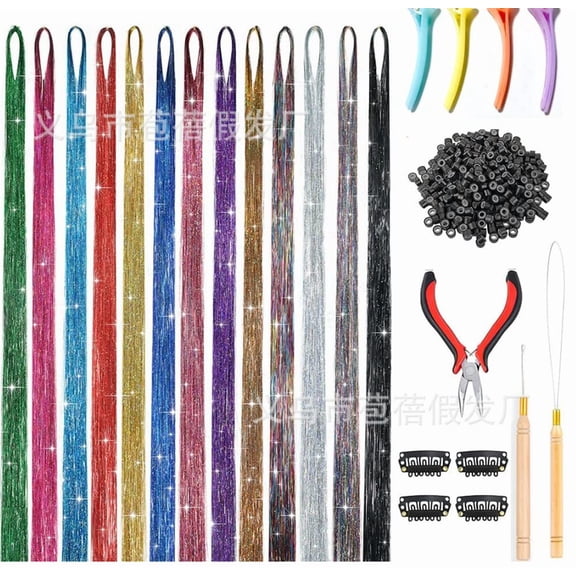 13 Colors Hair Tinsel Kit, 48 Inch 6600 Strands Glitter Fairy Hair Tinsel Extensions with Tools, Heat Resistant Holographic Hair Accessories for Women, Girls