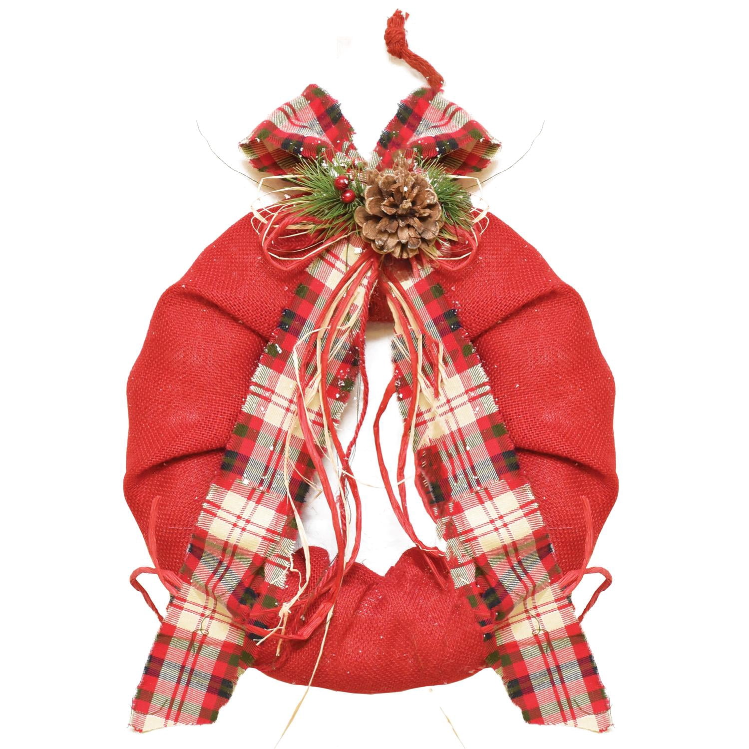 13" Decorative Red Burlap Christmas Wreath with Plaid Bow and Pine Accents - Unlit
