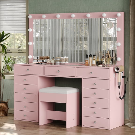 13 Drawers Vanity Desk, 47''W Makeup Vanity with Power Outlet, Vanity Table with Mirror and 12 LED Bulbs, 3 Color Lighting Modes, Glass Top, Dressing Table for Bedroom,Pink
