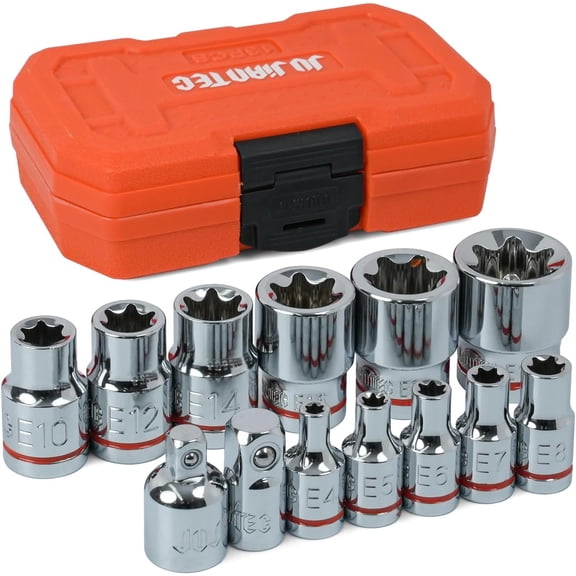 13- E-Torx Socket Set with 6-Point Design - E4 to E20 Sizes, 1/4" & 3/8" Drive, Hardened CR-V Steel, Wrench Compatible, Sturdy Molded Case