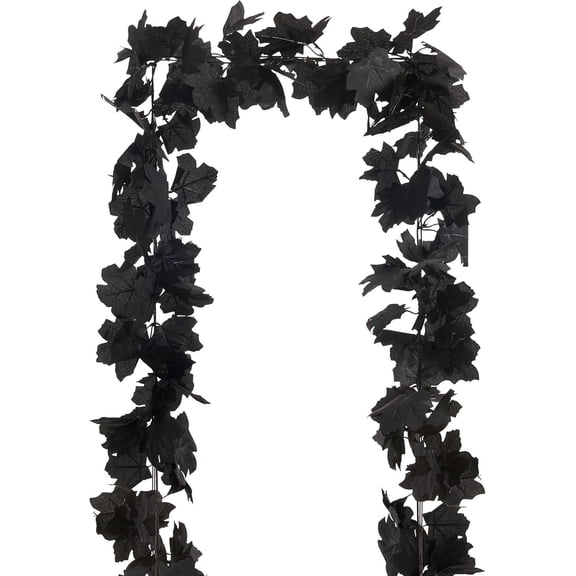 13 FT Black Garland Halloween 2pcs Artificial Black Maple Leaf Garlands Fall Leaves Vines for Autumn Thankgiving Halloween Decoration for Home