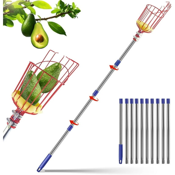 13 FT Extendable Fruit Picker Pole Tool Adjustable Long Handle Fruit Picker Metal Basket Fruit Grabber Tool with Protective Foam Pad Stainless Steel Garden Picker Tool for Apple Mango Lemon