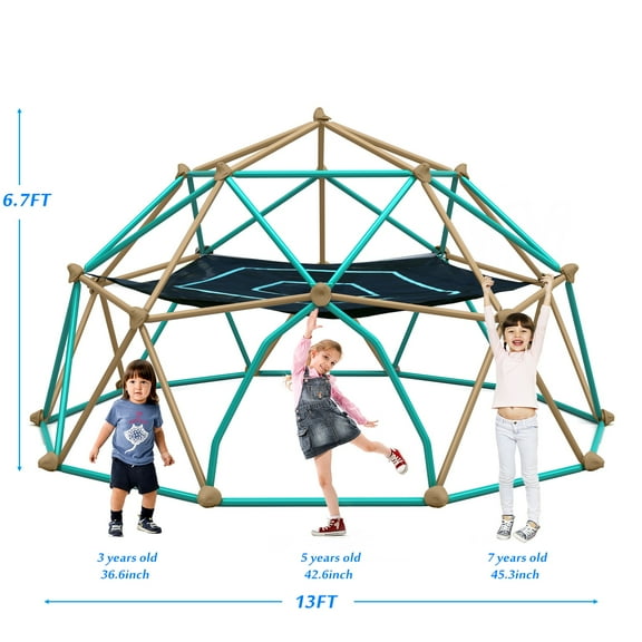 13 FT Playground Outdoor Climbing Dome for Kids, 12FT Jungle Gym Outdoor Playset, Toddler Climbing Toys with Monkey Bars, Steel Outdoor Playground for Backyard Rollback, Coffee