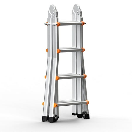 13 FT Telescoping Extension Ladder A-Frame Multi-Purpose Aluminum Ladder with Wheels, Anti-Slip Steps, Adjustable Height, Foldable Safety Design for Home and Outdoor Work
