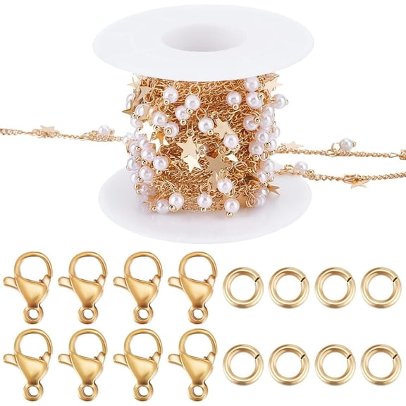 13 Feet Gold Plated Chain for Jewelry Making Star Link Pearl Beads with 10Pcs Lobster Clasp 30Pcs Jump Rings for Necklace Bracelet Making Supplies Findings for DIY