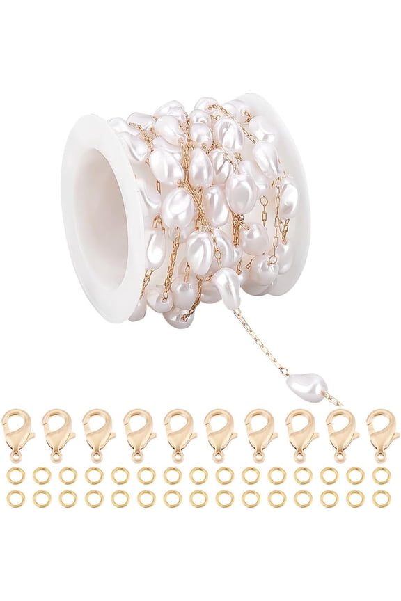 13 Feet Imitation Pearl Chain Brass Chain Artificial Pearl Jewelry Gold Chain Pearl Cable Chain for Jewelry Making Bracelets Necklaces DIY Handicrafts DIY