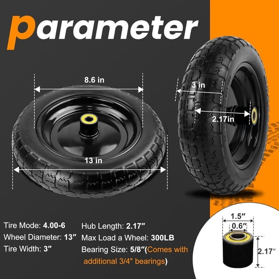 13" Flat Free Wheels Replacement for GOR Garden Cart Tires, 4.00-6 Solid Tires with 5/8"Bearings, 13" No Flat Wheels for GOR Garden Carts/Hand Trucks/Garden Carts