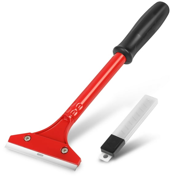 13" Floor Scraper & Blade Replacement Kit, Steel Tubing/Aluminum and Non Slip Grip, Removes Wallpaper, Decals, Stickers, and Cleans Debris, 4" Blade, 1 Kit, Red
