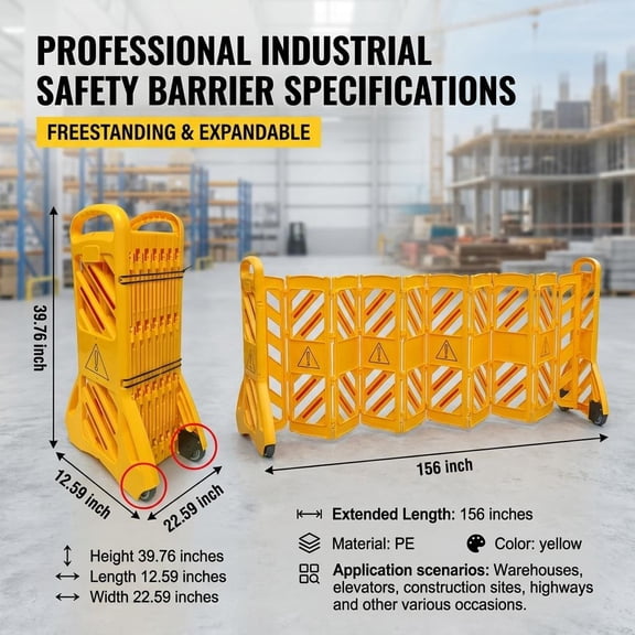 13 Ft Telescopic Isolation Barrier, Foldable Portable Traffic Guardrail for Construction Site Traffic Control, High-Visibility Commercial Safety Protection Fence with 4 Wheels
