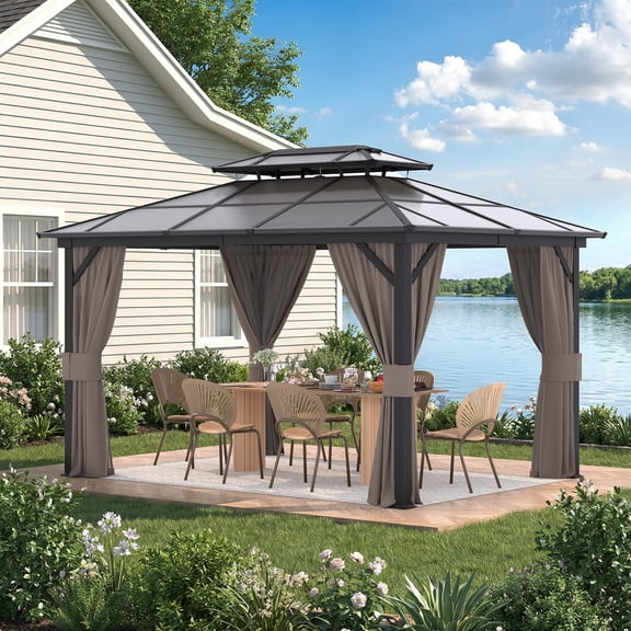 U-HOMY 10 ft x 13 ft Hardtop Gazebo with Double Roof, Metal Frame, Netting and Curtains for Patio