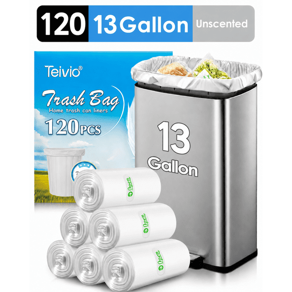 13 gallon 120 Counts Strong Trash Bags Tall Kitchen Garbage Bags by Teivio, 12 , 13 , 14 Gallon, Multi-Use Bin Liners, Plastic Bags for Home Office Kitchen Yard Industrial, Clear