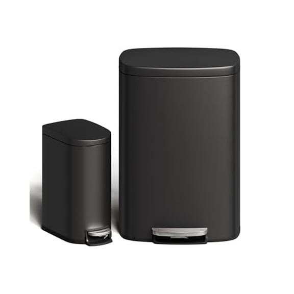 13 Gallon and 2.6 Gallon Stainless Steel Trash Can Combo Set, Rustproof Step-on Garbage Bins with Lids, Inner Buckets, and Rear Handles, Durable Kitchen and Bathroom Waste Bins,Black