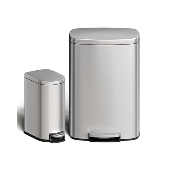 13 Gallon and 2.6 Gallon Stainless Steel Trash Can Combo Set, Rustproof Step-on Garbage Bins with Lids, Inner Buckets, and Rear Handles, Durable Kitchen and Bathroom Waste Bins,Silver