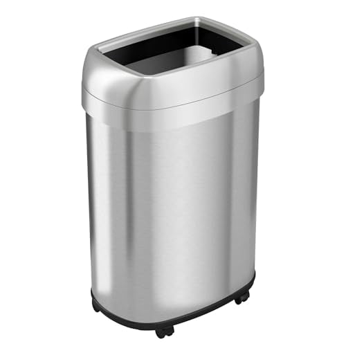 13 Gallon / 49L Stainless Steel Oval Open Top Trash Can with Wheels and Dual Odor Filters Ready for Hotel, Store, or Business for Offices, Hotels, or Retail Spaces