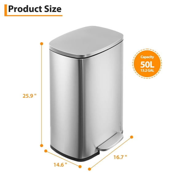 13 Gallon/50 L Kitchen Trash Can, Stainless Steel Garbage Can with Soft Close Lid, , Tall Heavy Duty Trash Can with Removable Inner Bucket & Foot Pedal for Kitchen, Bedroom, Bathroom, Office