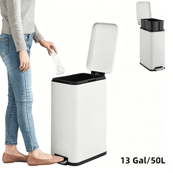 13 Gallon/50 L Kitchen Trash Can, Stainless Steel Garbage Can with Removable Inner Bucket for Kitchen, Dining Room, White