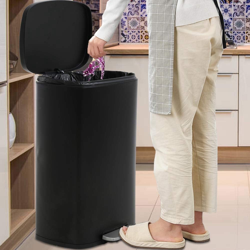 13 Gallon / 50 L Kitchen Trash Can with Lid Step Trash Bin Fingerprint-Proof Garbage Bin Brushed Stainless Steel for Office Bedroom Bathroom, Black
