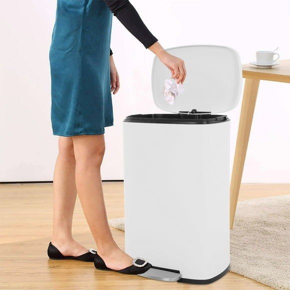 13 Gallon / 50 L Kitchen Trash Can with Lid Step Trash Bin Fingerprint-Proof Garbage Bin Brushed Stainless Steel for Office Bedroom Bathroom , White