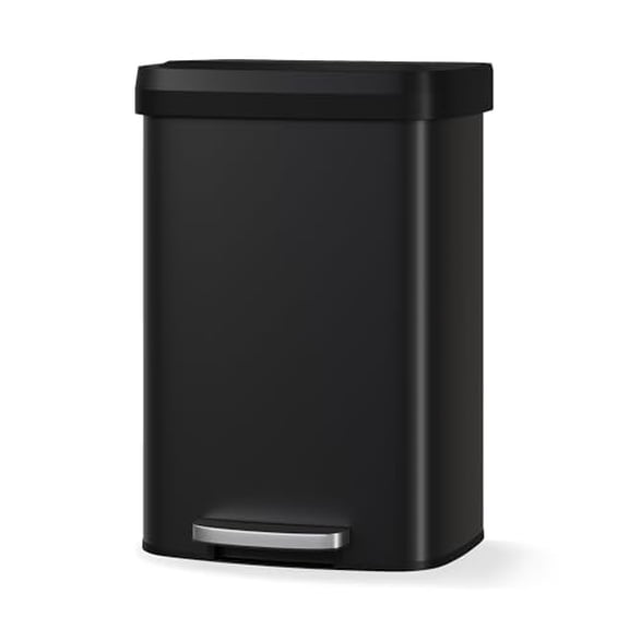 13 Gallon / 50 Liter Rustproof Metal Trash Can with Soft Close Plastic Lid, Step-On Kitchen Garbage Bin with Liner Rim and Rear Handle, Large Black Waste Container for Kitchen Use