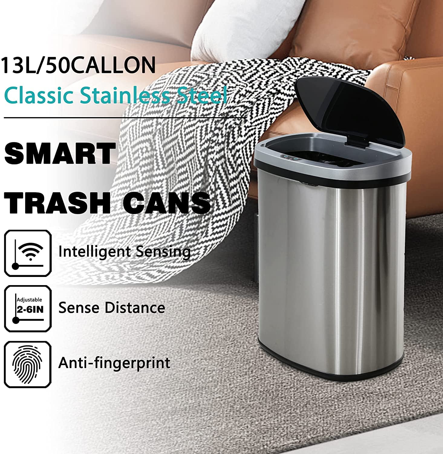 13 Gallon / 50 Liter Stainless Steel Touchless Trash Can - Oval Shape ...