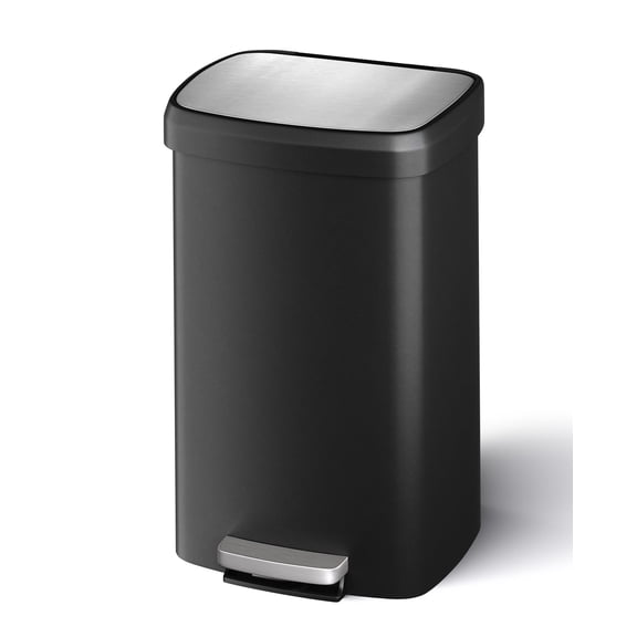 13 Gallon / 50 Liter Step-On Kitchen Trash Can, Rustproof Plastic Garbage Bin with Soft Close Lid, Liner Rim, Rear Handle, Large Black Waste Container for Home and Office