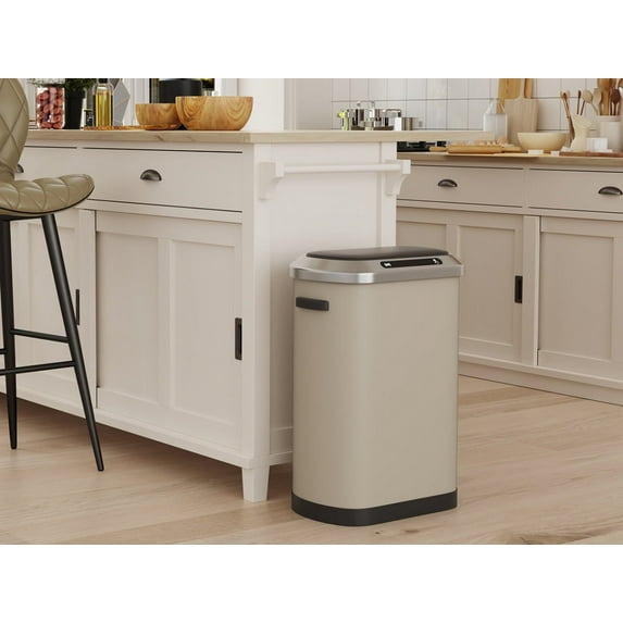 13 Gallon 50L Smart Automatic Trash Can with Lid, Stainless Steel Thickened Kitchen Trash Can with Super Mute Touch Free Sensor, Touchless Rectangular Trash Can for Kitchen Office Bedroom, Light Grey