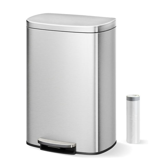 13 Gallon / 50L Stainless Steel Kitchen Trash Can, Step-On Soft-Close Lid, Fingerprint-Resistant, Metal Trash Bin w/Inner Bucket and Rear Handle, Slim Rectangular Garbage Bin