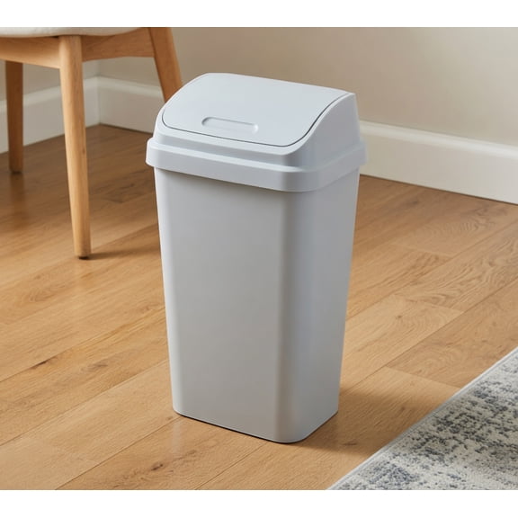 13 Gallon / 52 Quart Slim Rectangular Kitchen Trash Can with Swing Lid, Light Gray Plastic Garbage Bin for Home and Office