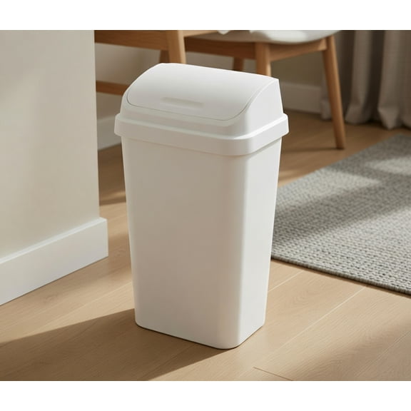 13 Gallon (52-quart) Plastic Kitchen Trash Can with Swing Top Lid, White Rectangular Garbage Bin for Home, Kitchen, Bathroom and Office