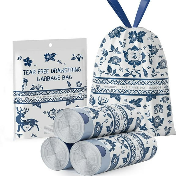 13 Gallon 60 Pack Drawstring Trash Bags Odorless Tall Kitchen Trash Bags, Blue and White Porcelain Theme Printing Strong Trash Bags, Leak-proof, Puncture-proof, Tear-proof, with Drawstring Closure